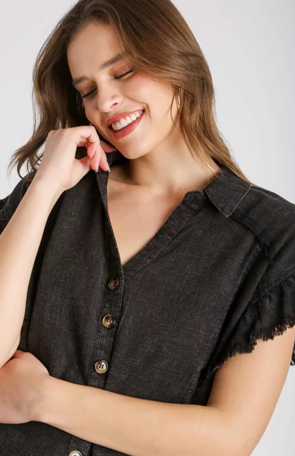 Black Linen Button Down Top