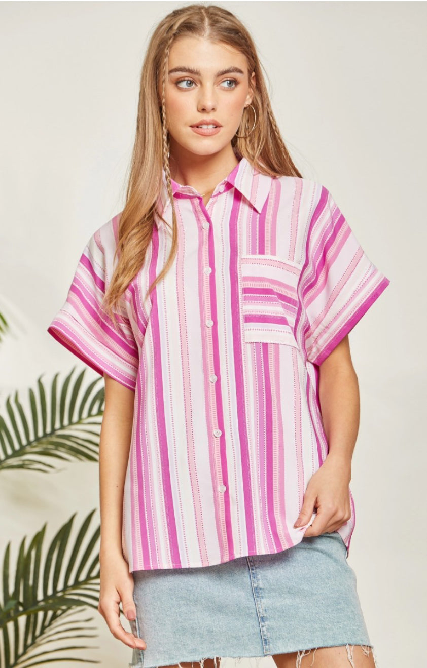 Magenta Stripe Button-Up Top