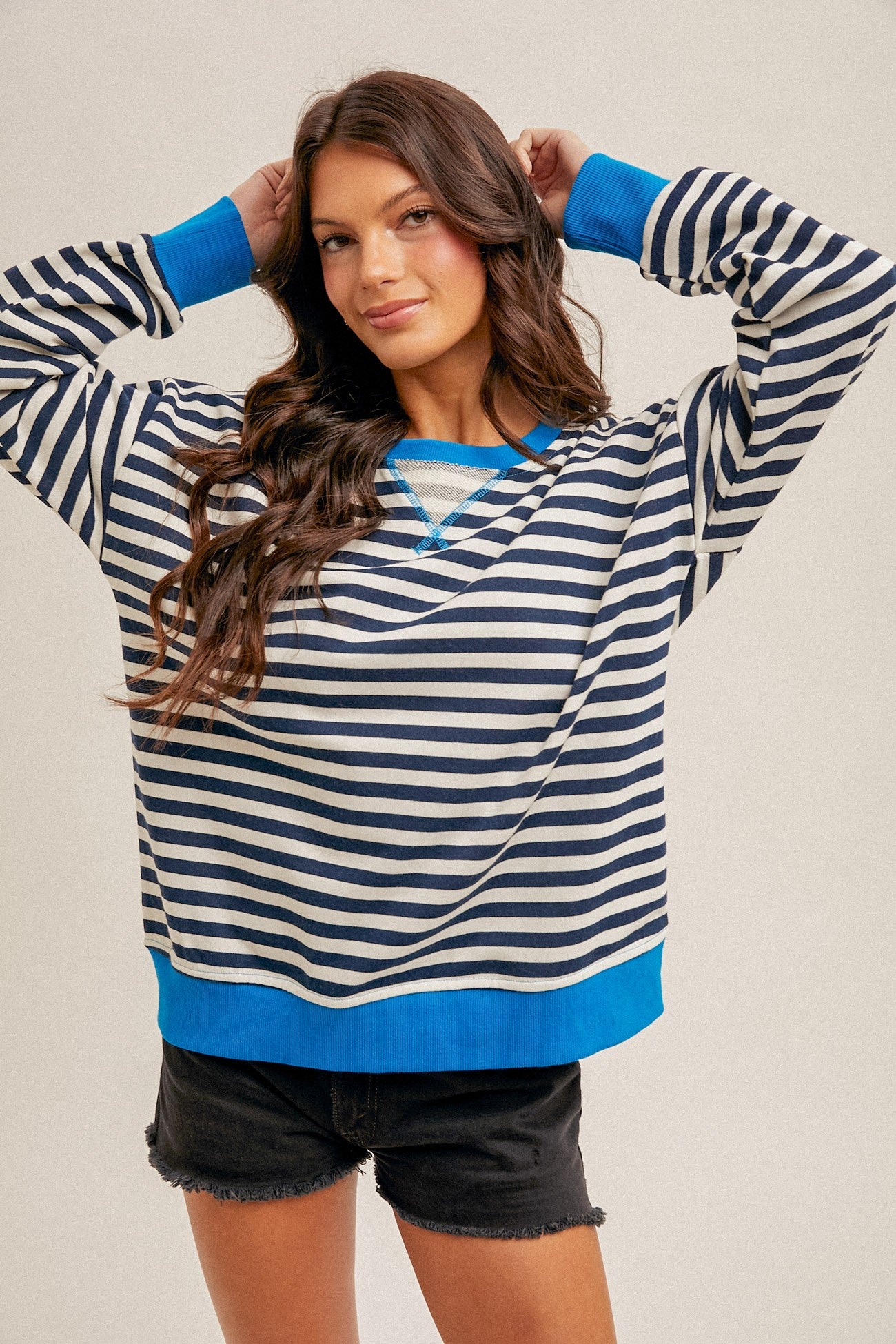CREW NECK NAVY STRIPE LS