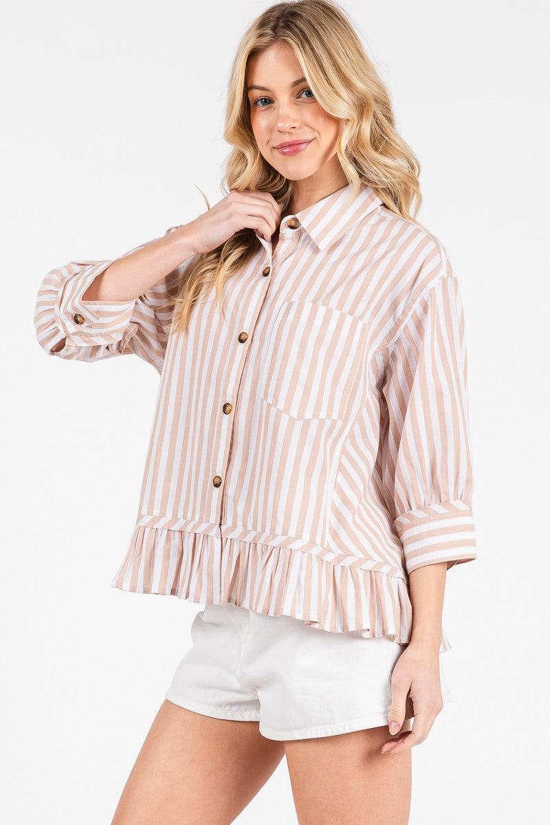 STRIPED RUFFLE TAUPE TOP