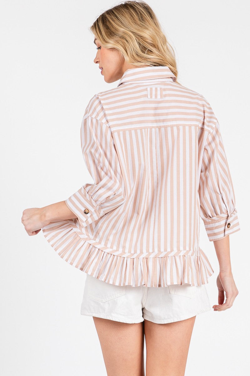 STRIPED RUFFLE TAUPE TOP