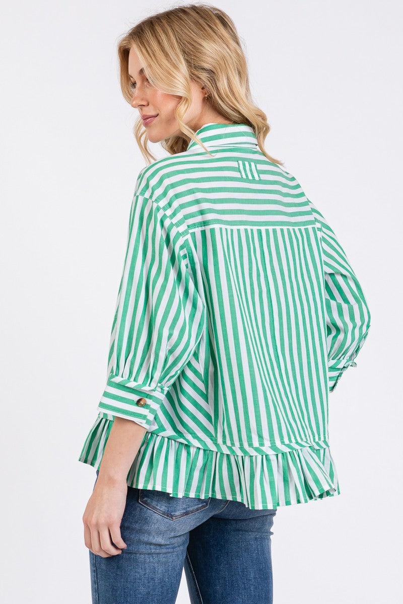 STRIPED RUFFLE GREEN TOP