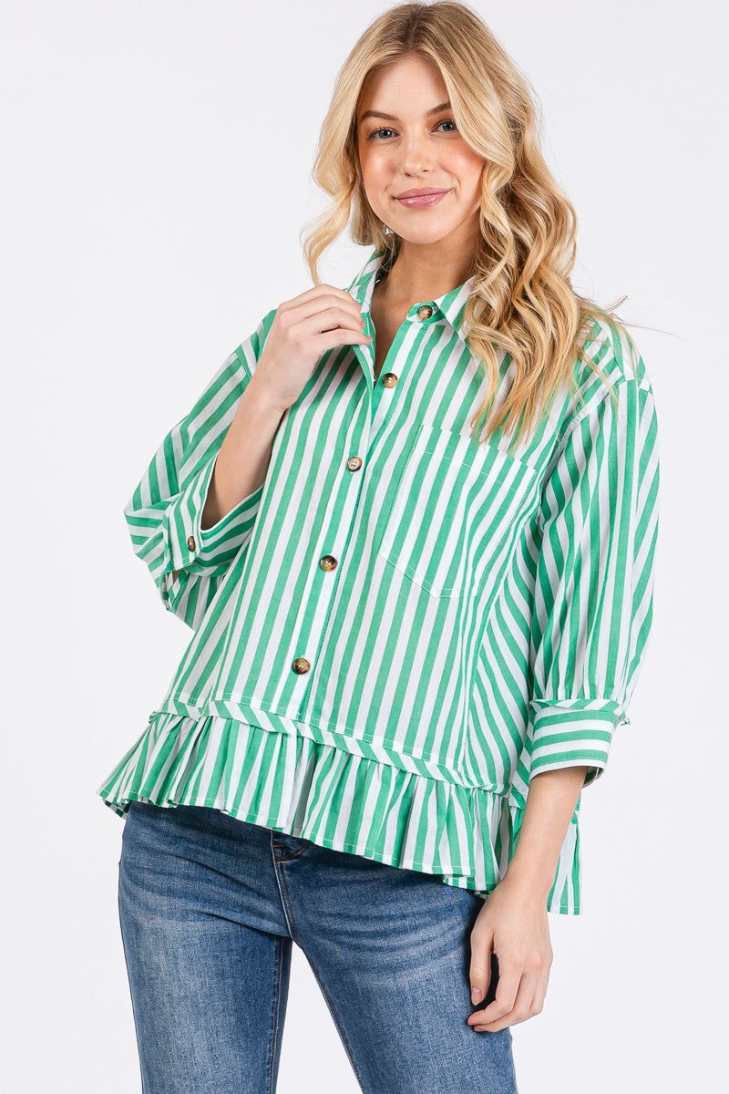 STRIPED RUFFLE GREEN TOP
