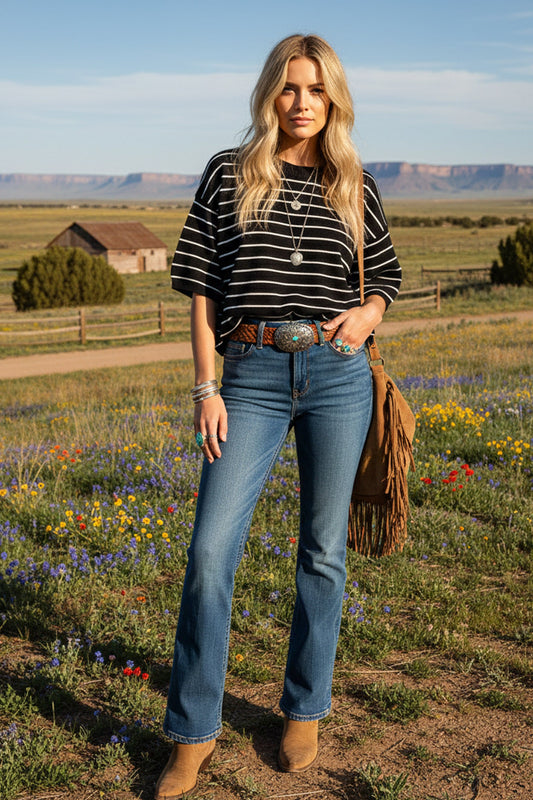 BLACK/WHITE STRIPED KNIT SS TOP
