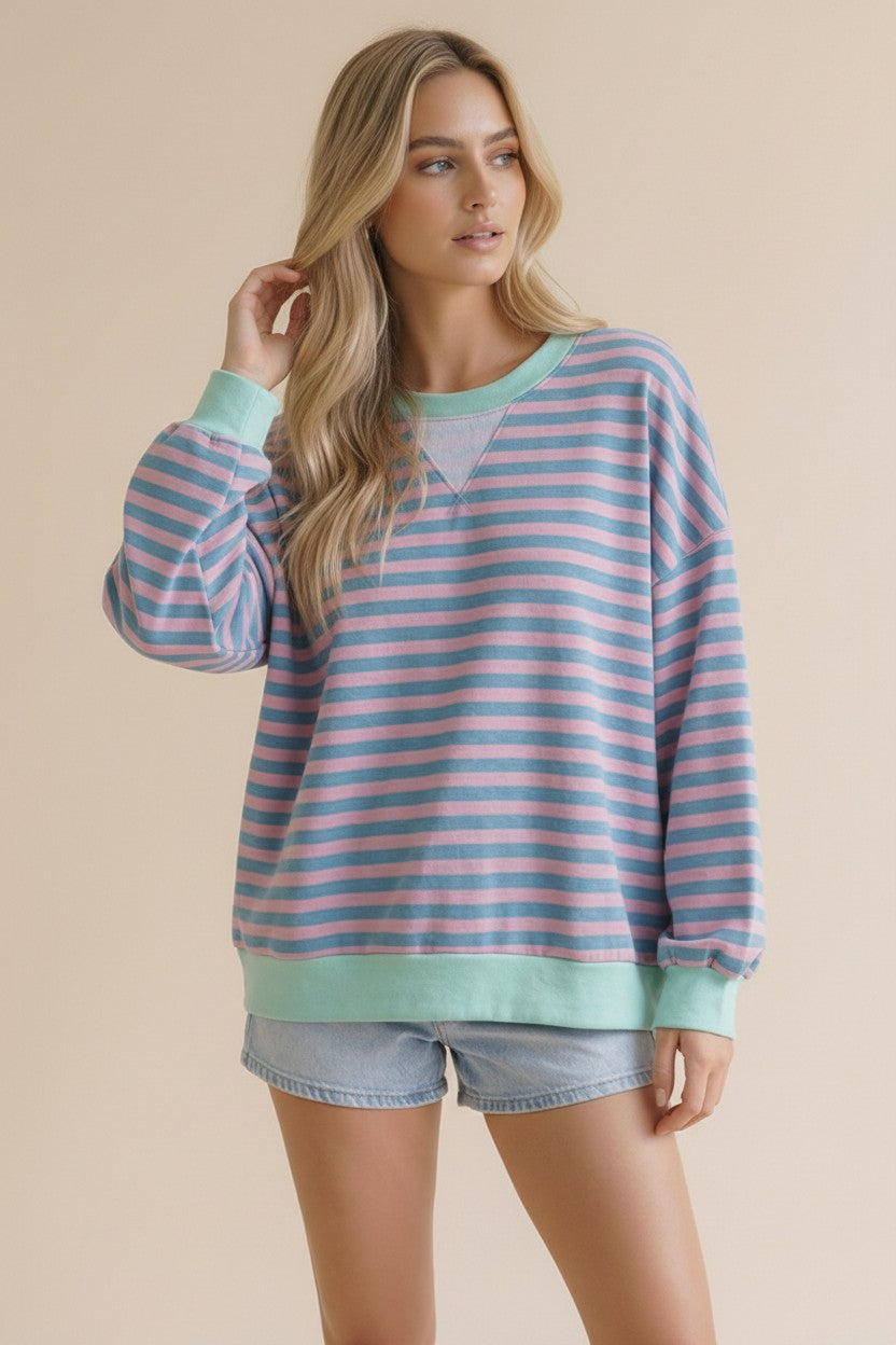 STRIPE CREW NECK TEAL/BLUSH/SEAFOAM TOP