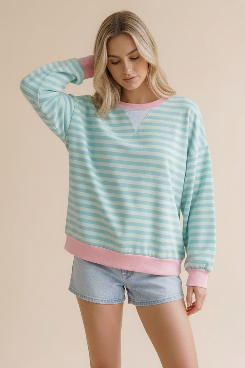 STRIPE CREW NECK MINT/FUCHSIA TOP