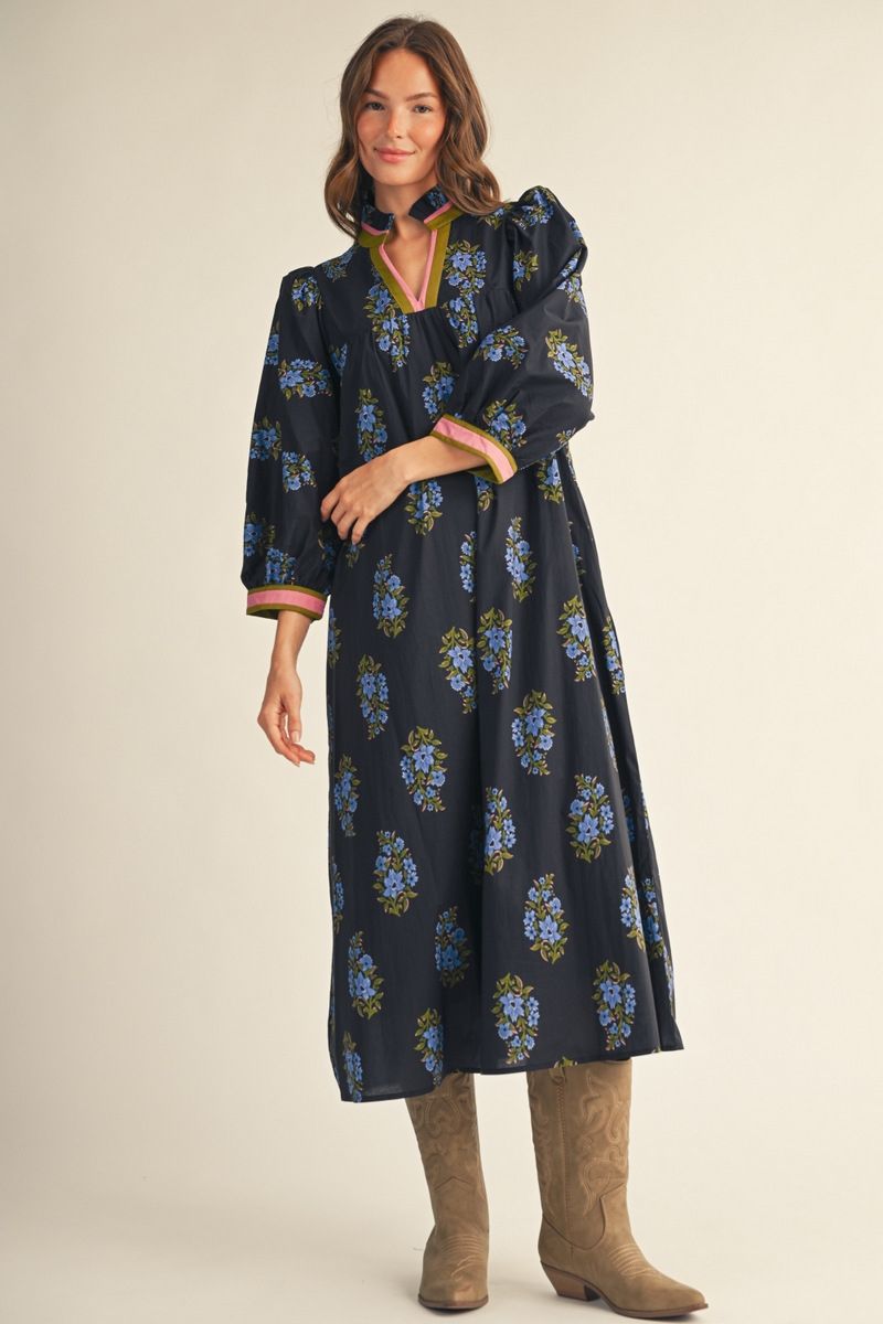 NOTCHED FLORAL BLACK DRESS