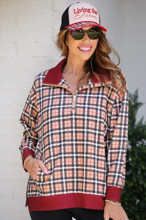 NORA PLAID 1/4 ZIP PULLOVER