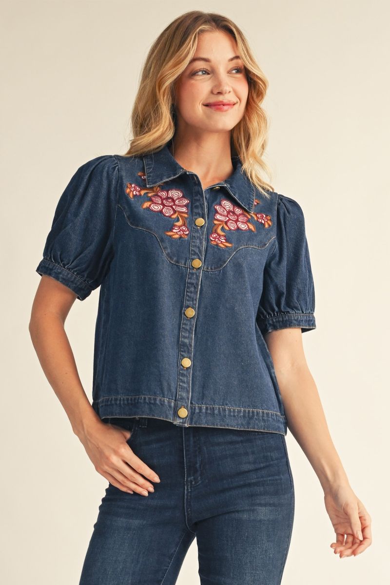 DENIM EMB ACCENT TOP