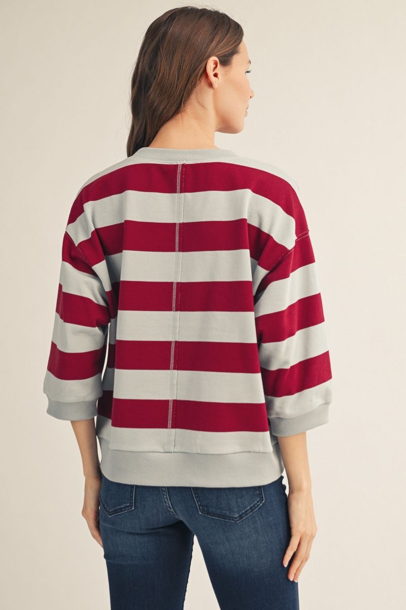 3/4 STRIPE BURGUNDY TOP