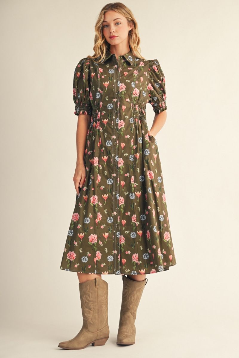 FLORAL DETAIL MIDI OLIVE DRESS