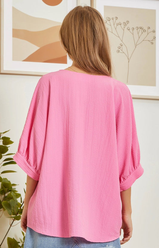 V-Neck Pink 3/4 Slv Top