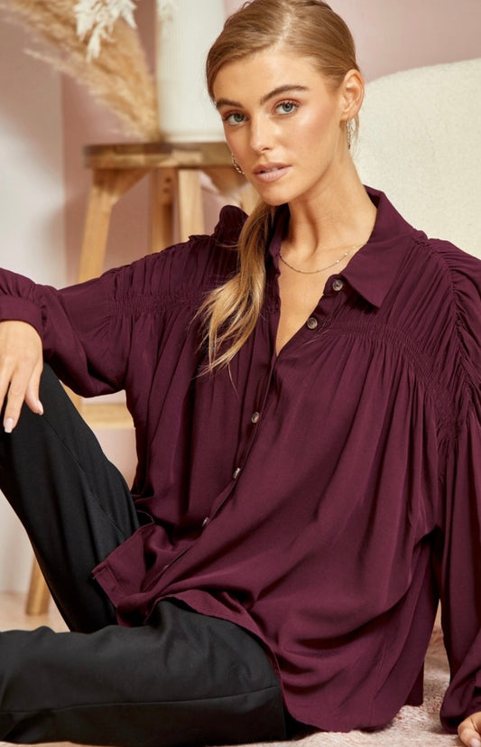 Ruching Wine Shoulder LS Top