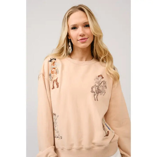 COWGIRL EMB TAN SWEATER