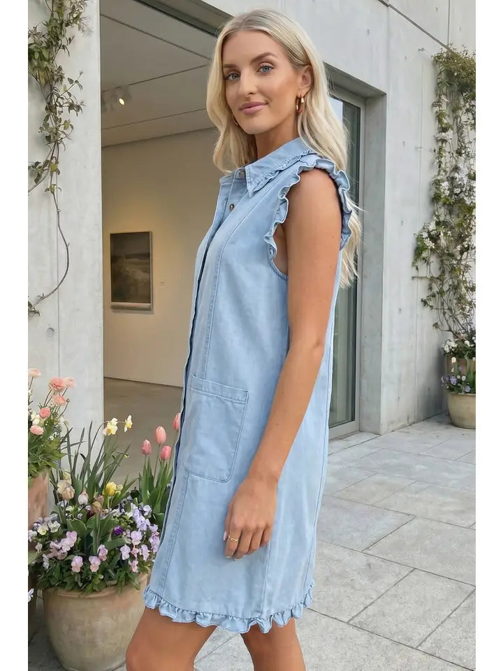 RUFFLED COLLAR DENIM DRESS