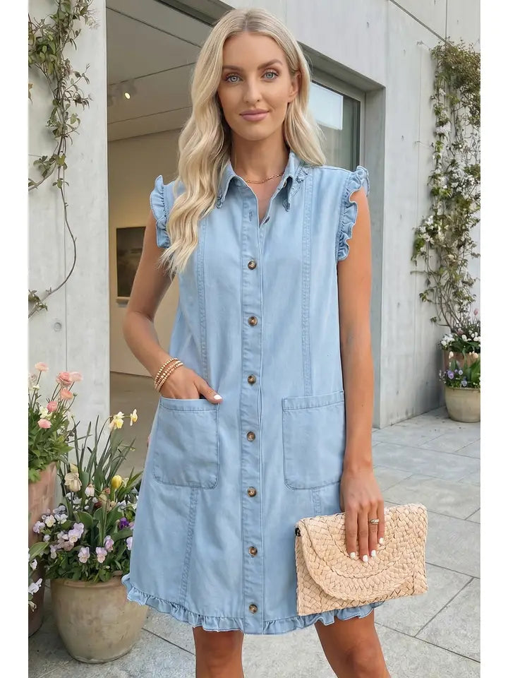 RUFFLED COLLAR DENIM DRESS