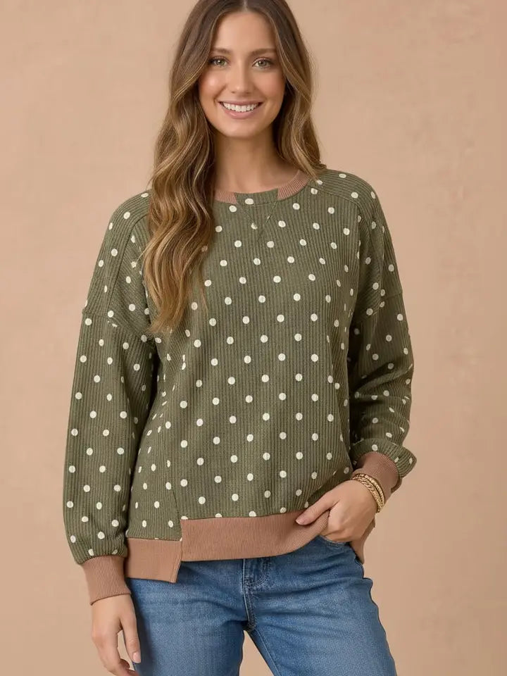 DOTTED OLIVE WAVE LS TOP