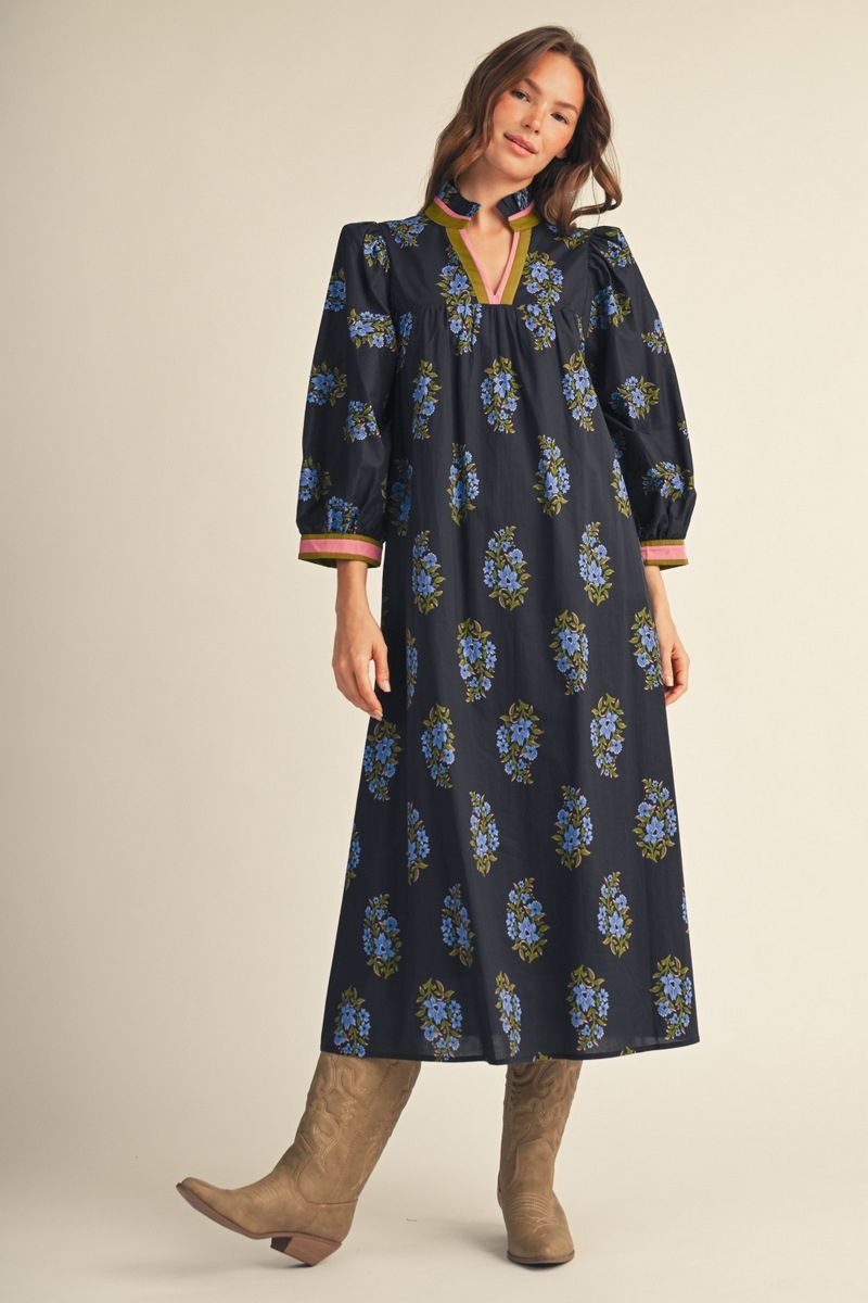 NOTCHED FLORAL BLACK DRESS