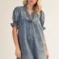 SMOCK EMB DENIM DRESS