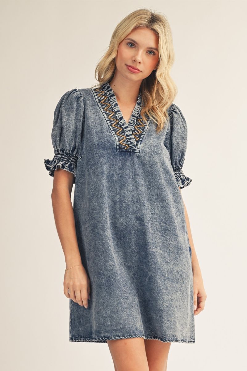 SMOCK EMB DENIM DRESS