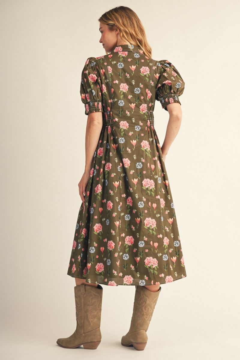 FLORAL DETAIL MIDI OLIVE DRESS