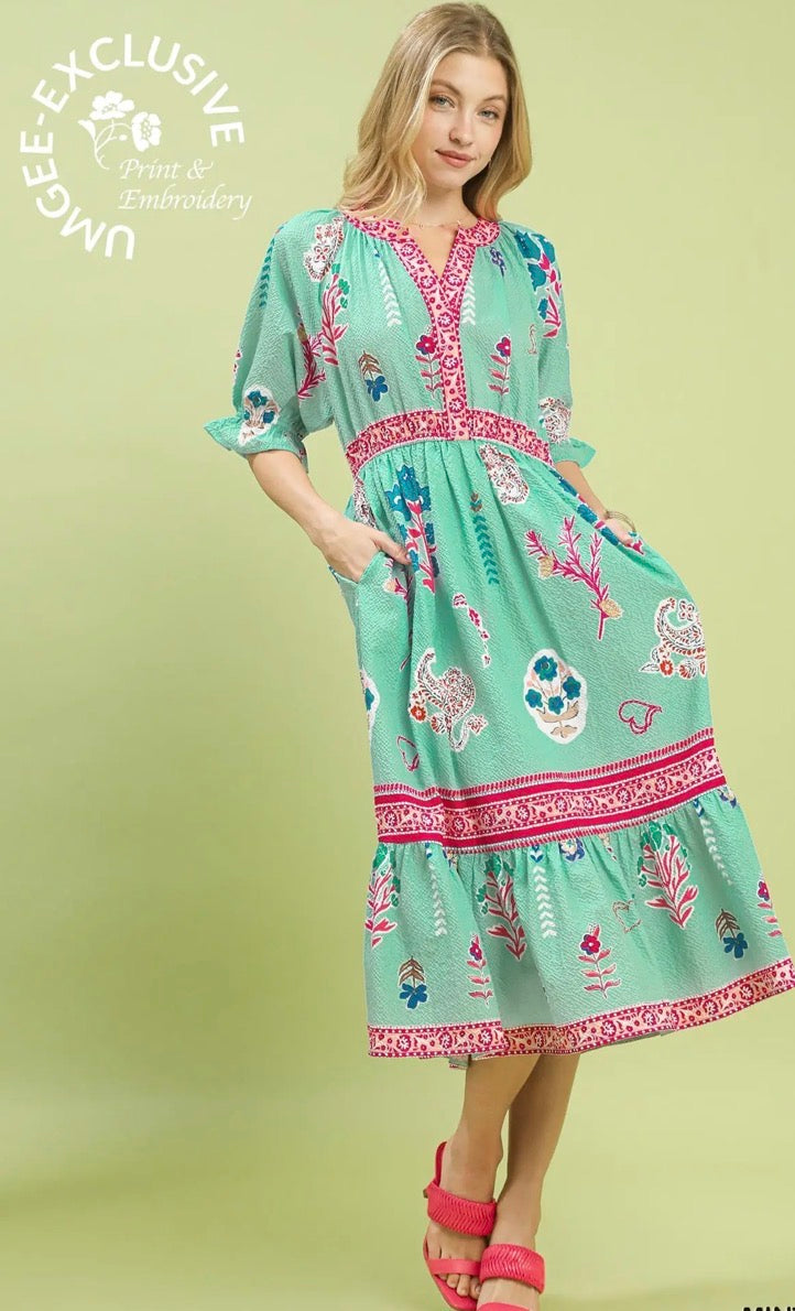 FLORAL COLLAGE MIDI MINT DRESS