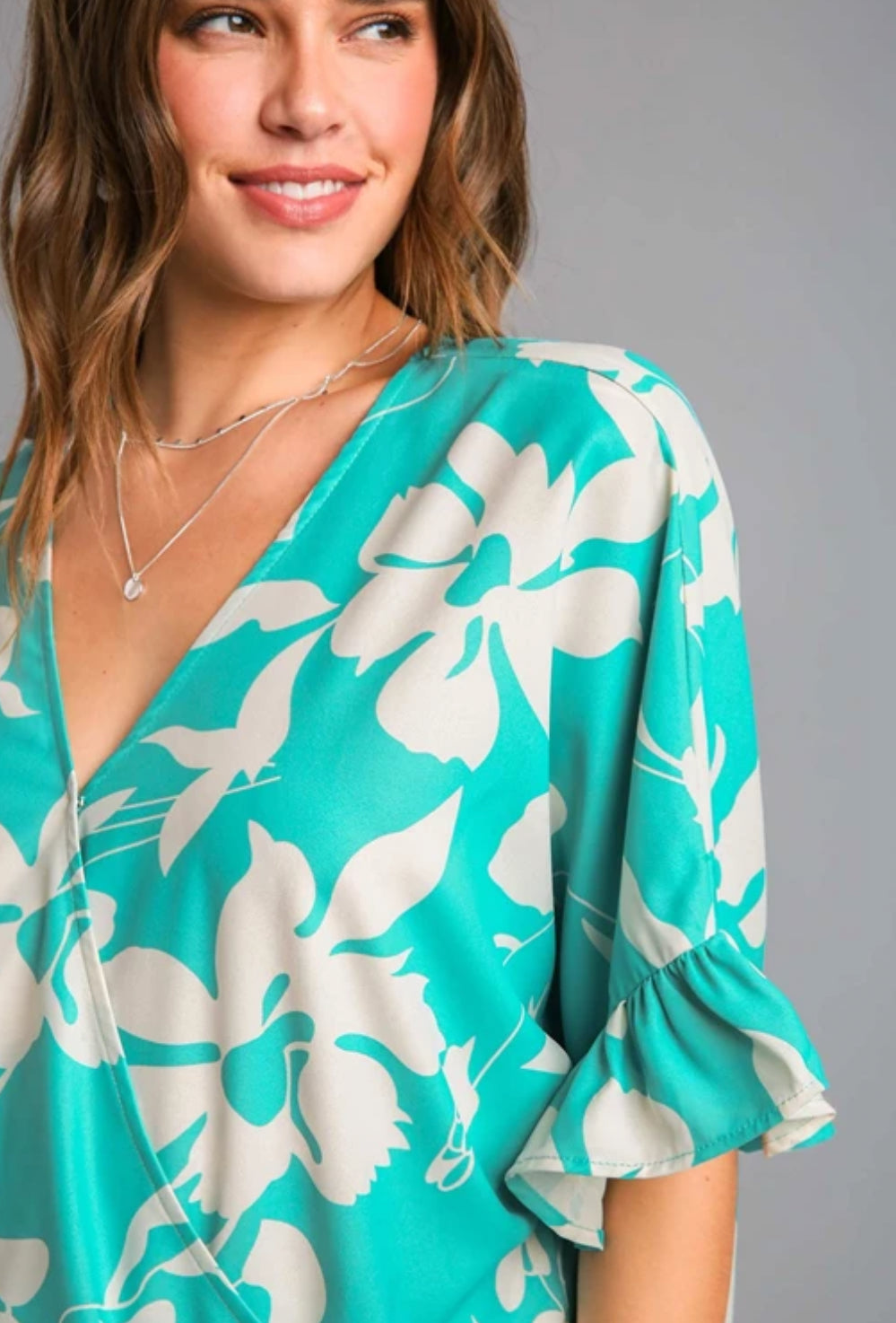 Teal Flower Print SS Top