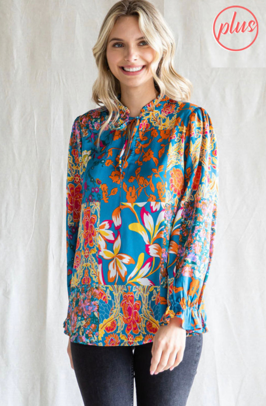 Silk Floral LS Tie Neck Top