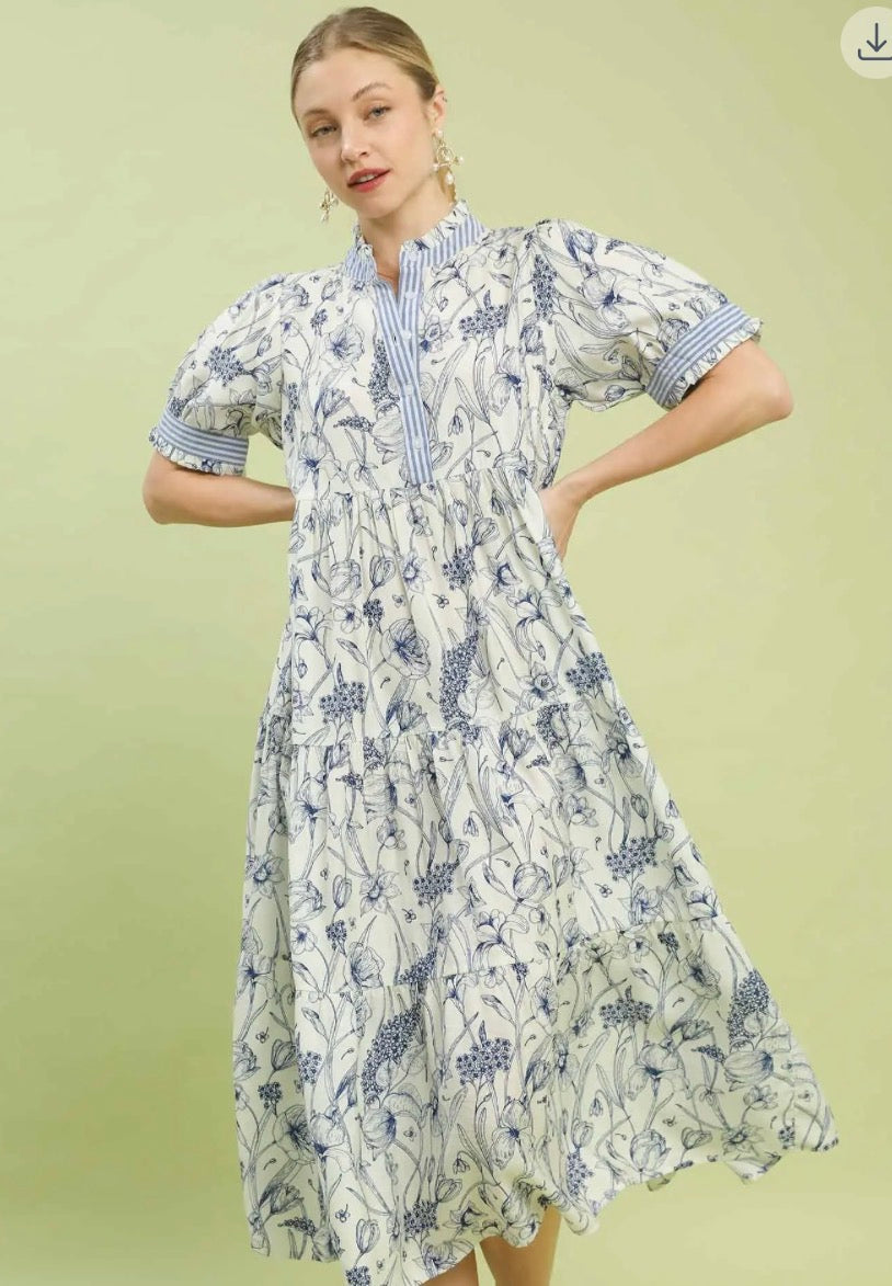 FLORAL TIERED MAXI BLUE DRESS