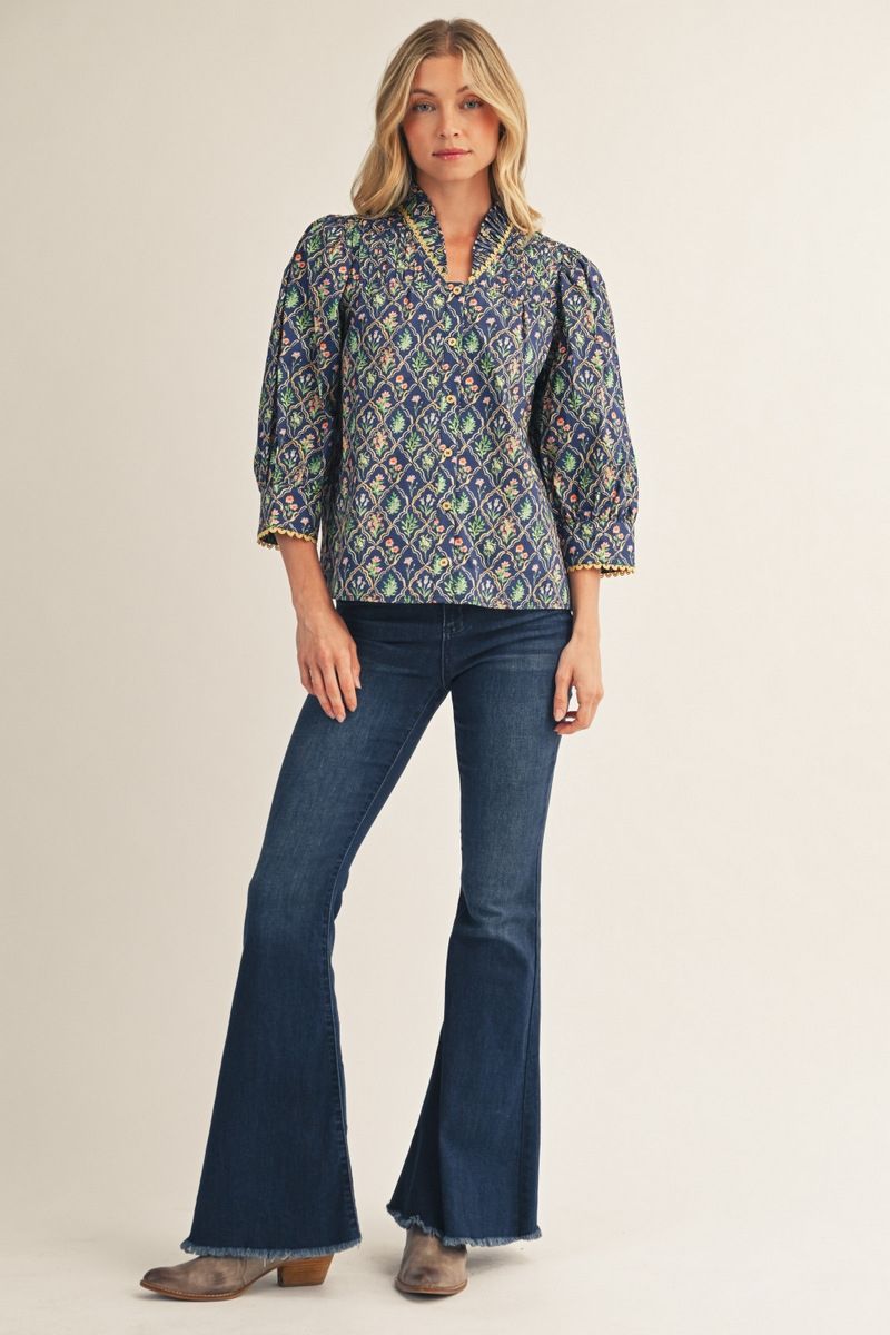 MIX FLORAL 3/4 COBALT BLUE TOP