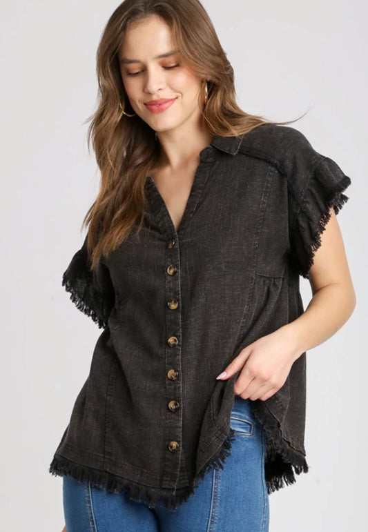 Black Linen Button Down Top