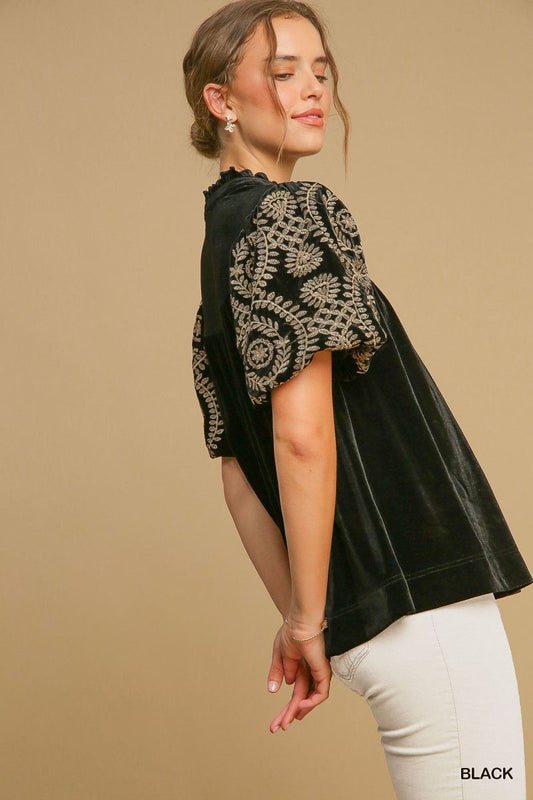 VELVET PUFF SLEEVE BLK TOP