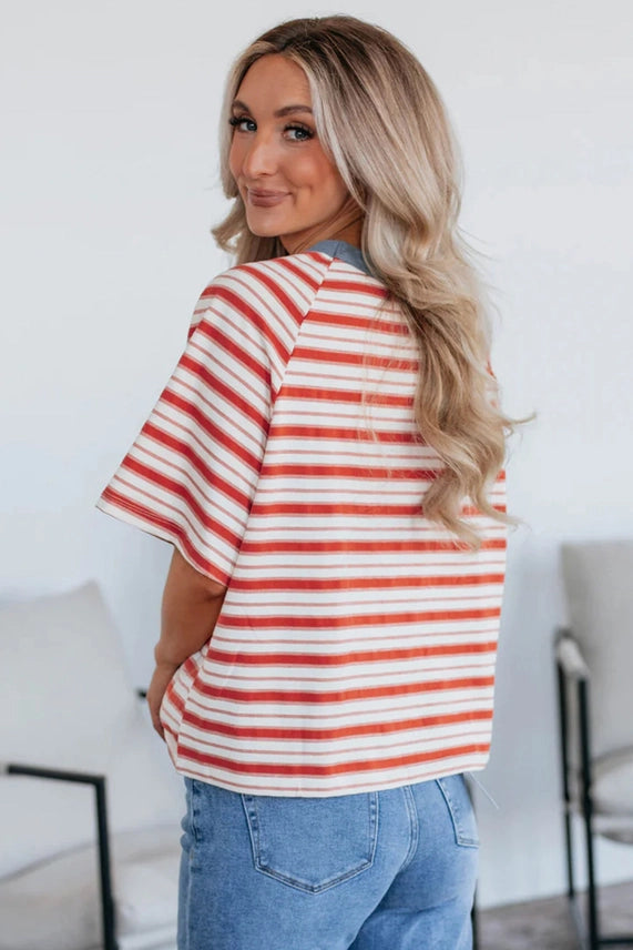 CONTRAST COLLAR TOMATO RED RAGLAN TEE