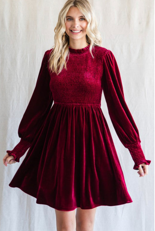 Velvet Wine LS Ruffle Dress