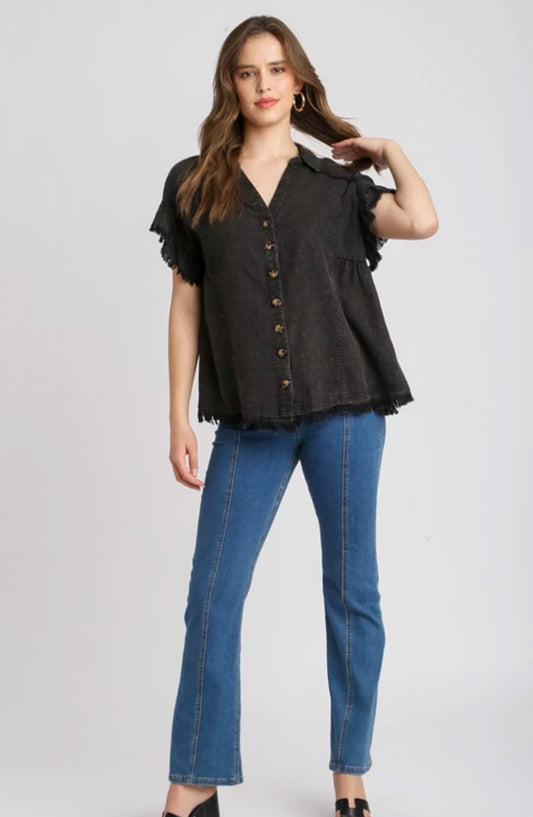 Black Linen Button Down Top