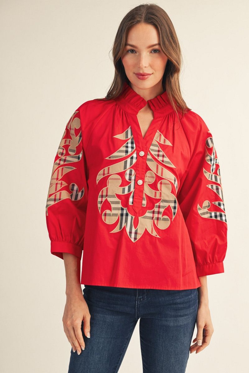 WM PLAID 3/4 RED TOP