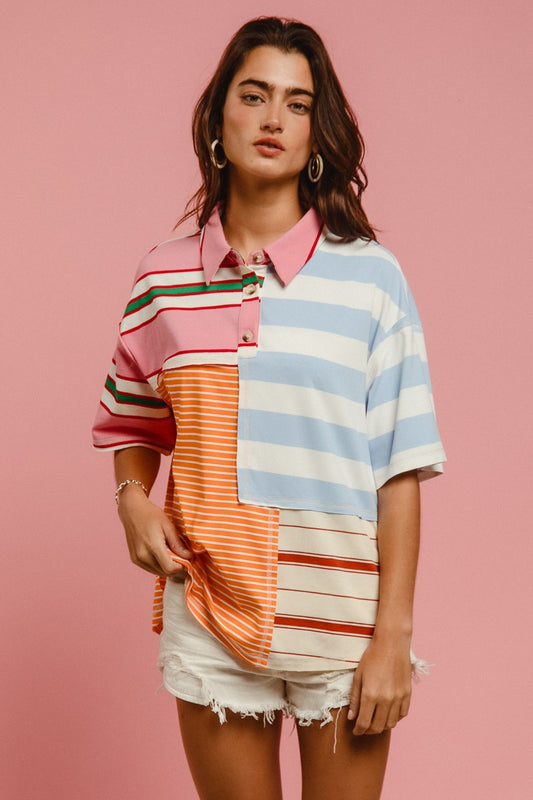 MIX STRIPE COLLAR TOP