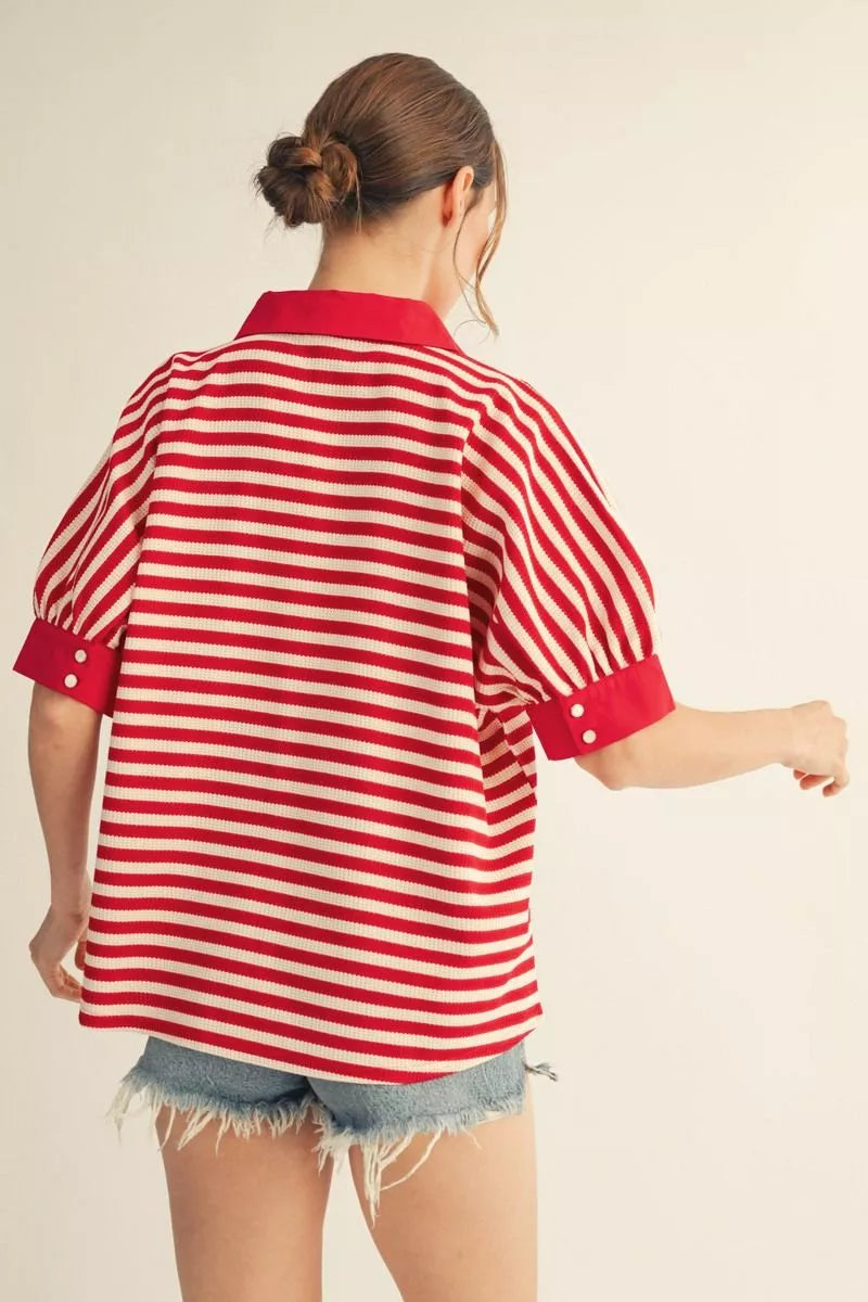 COLLAR STRIPE SS RED TOP