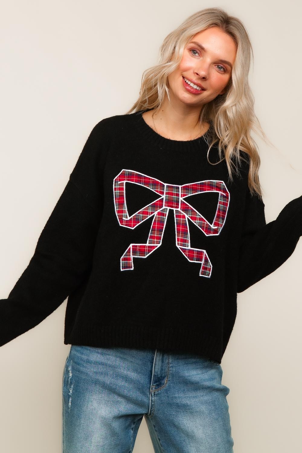 PLAID BOW WOVEN SWEATER