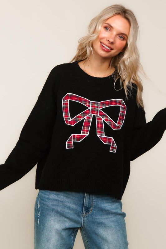 PLAID BOW WOVEN SWEATER
