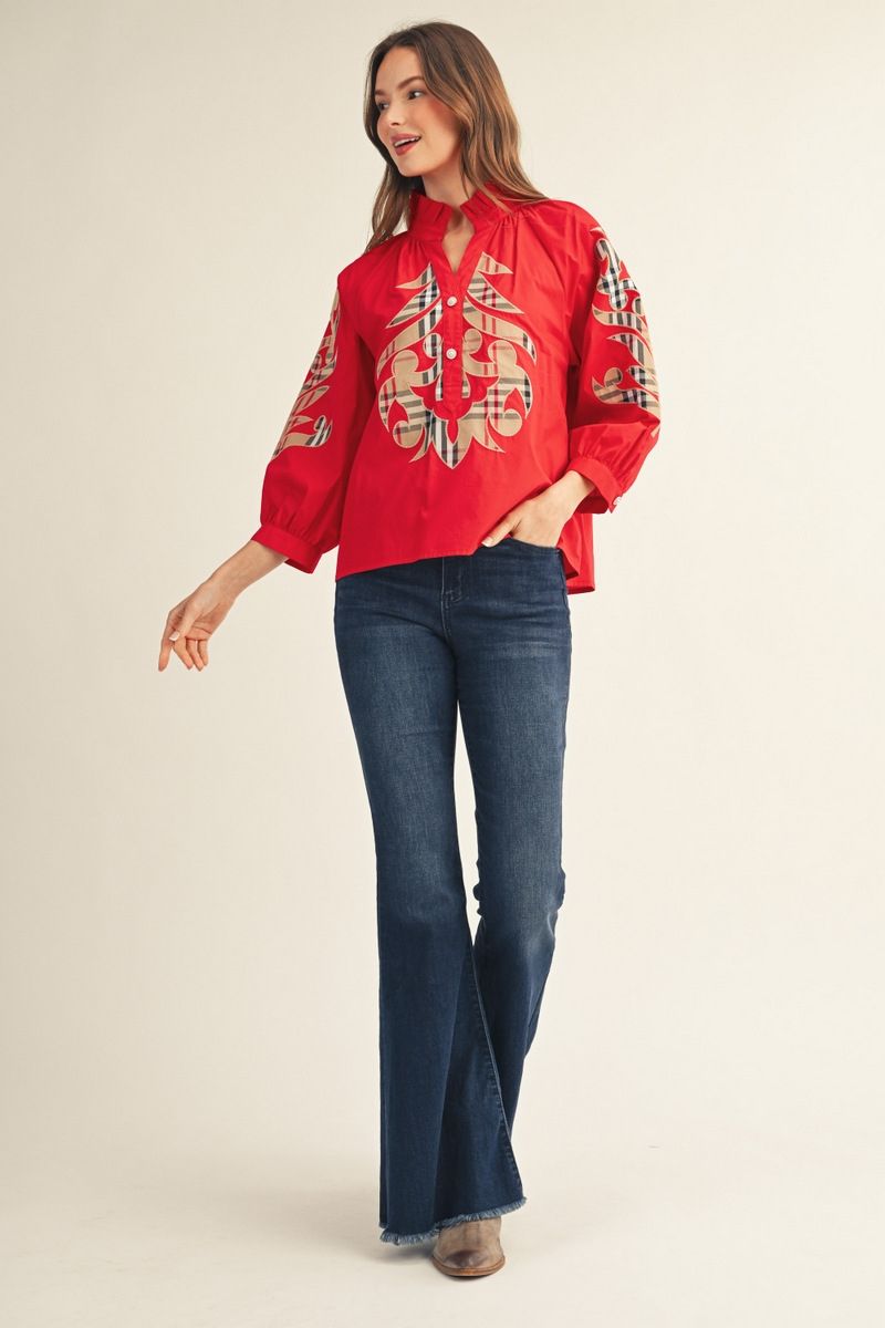 WM PLAID 3/4 RED TOP
