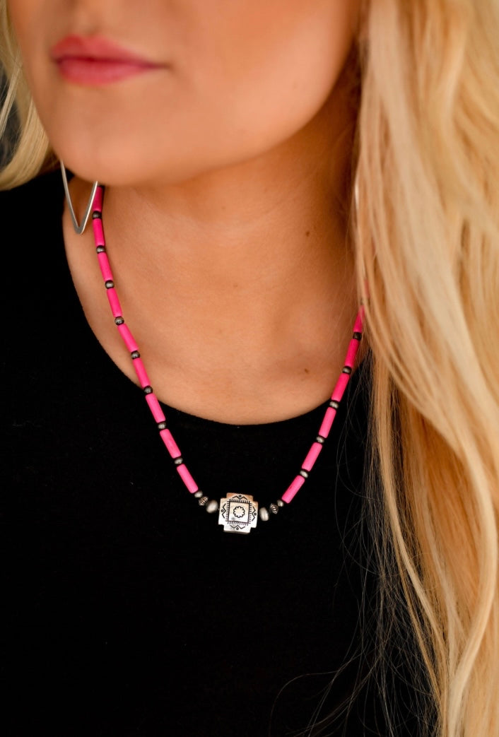 16"" Pink Tube Bead Necklace with Southwestern Bead Accent