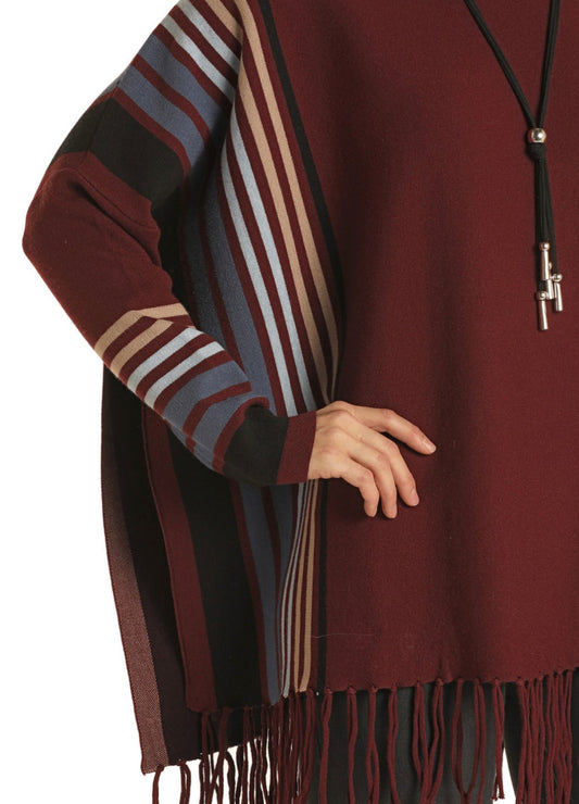 Wmns Maroon Multi LS Poncho Top