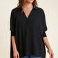 RUFFLE 3/4 SLEEVE BLK TOP
