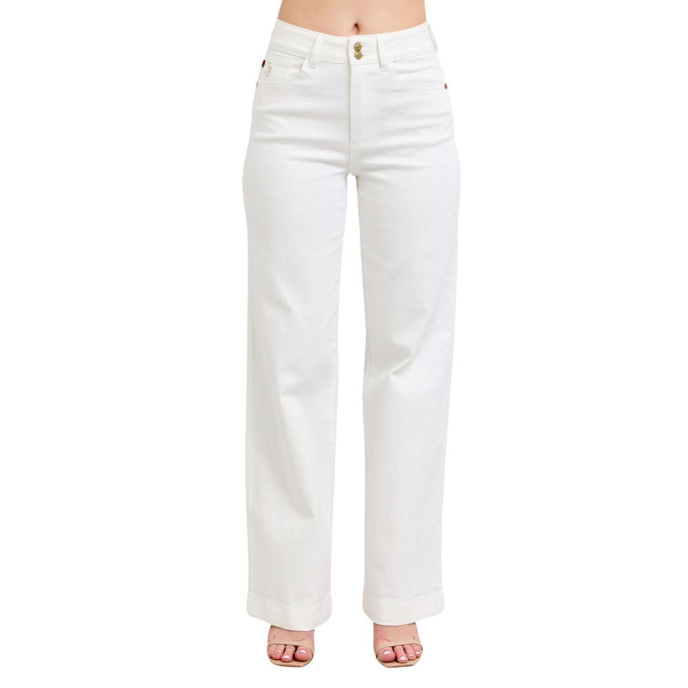 JUDY BLUE WHITE DOUBLE BUTTON HIGH-WAISTED TROUSER WIDE JEAN