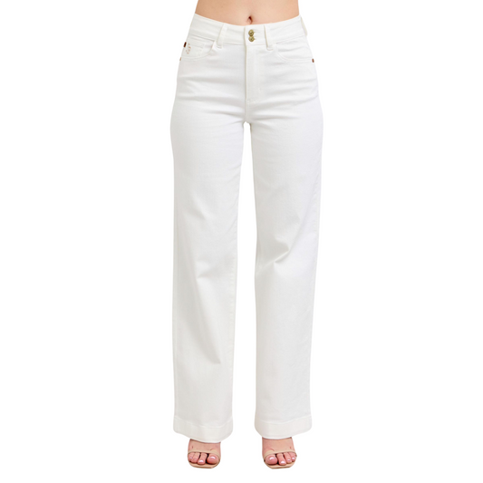 JUDY BLUE WHITE DOUBLE BUTTON HIGH-WAISTED TROUSER WIDE JEAN