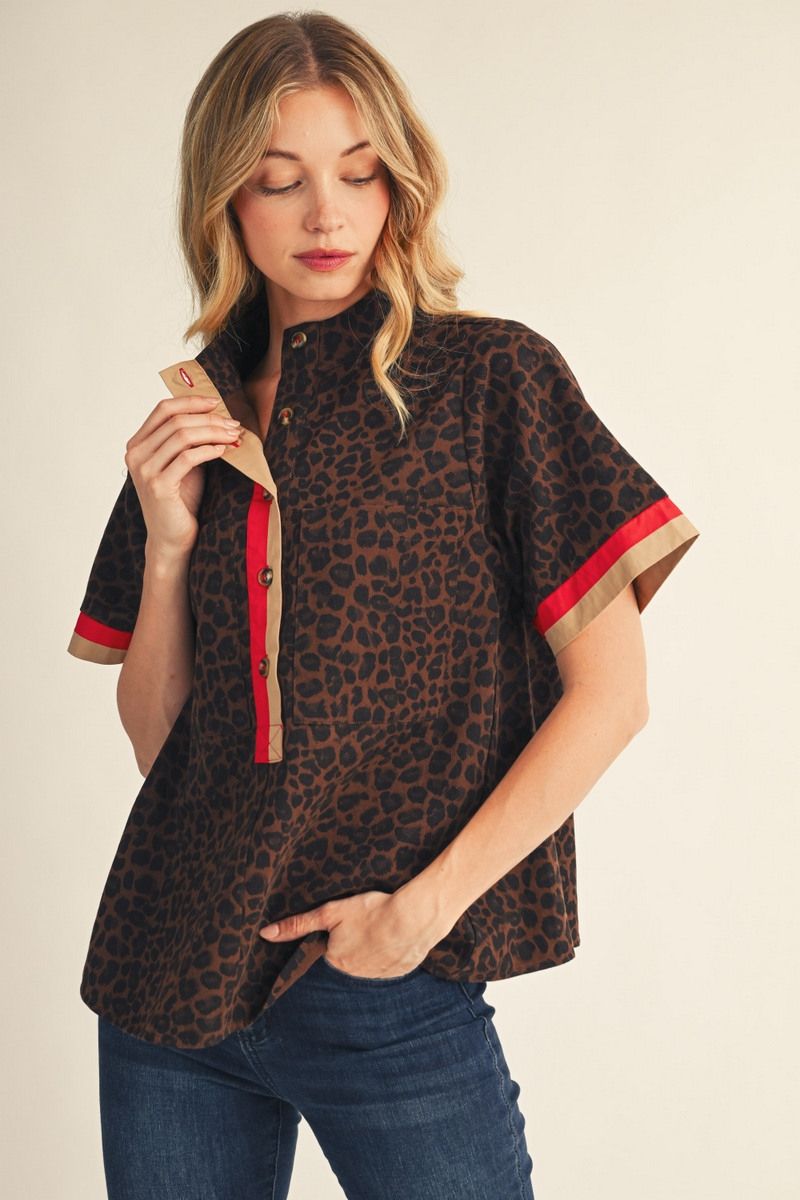 LEOPARD SMOCK NECK BROWN TOP