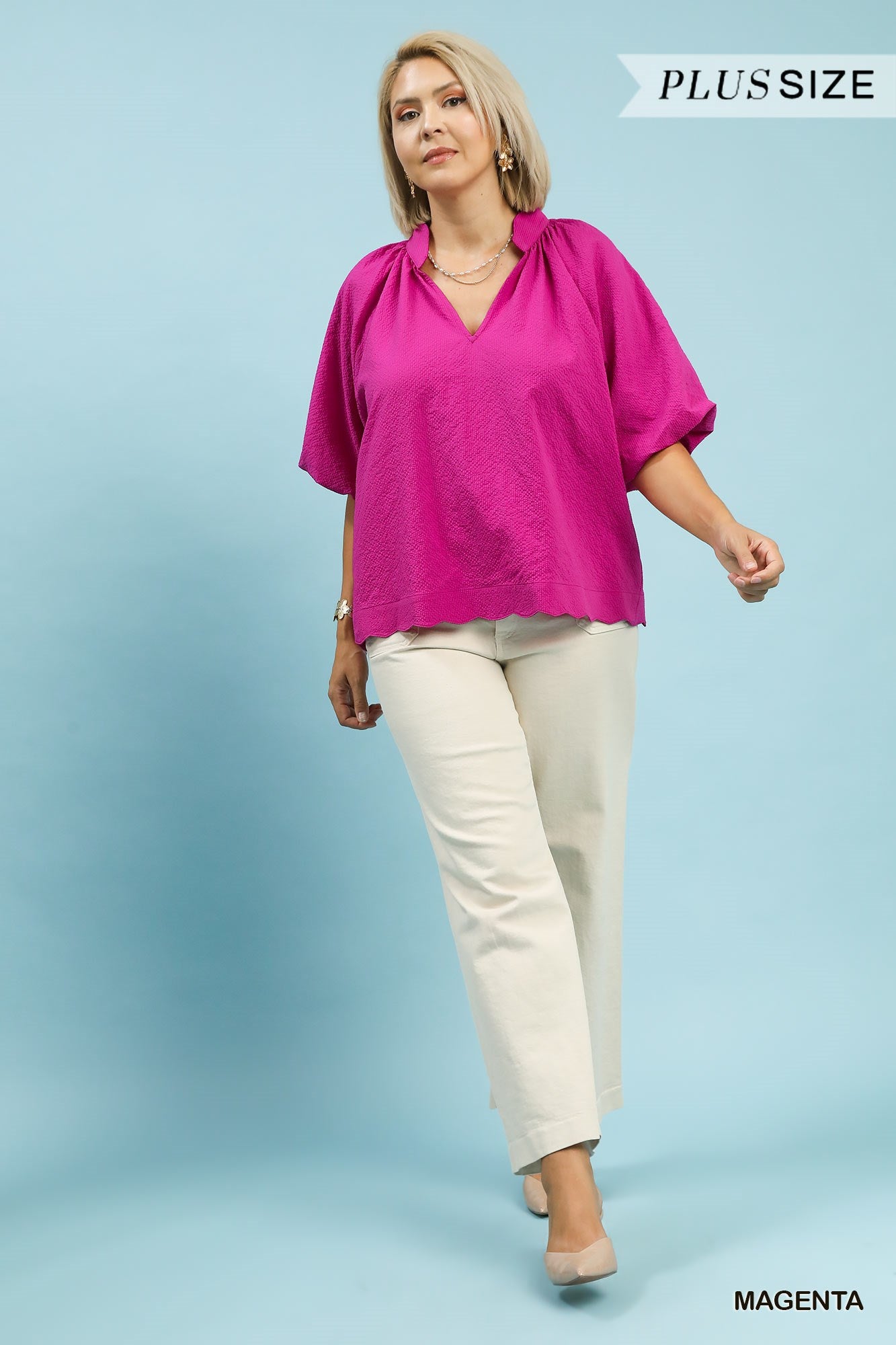 BUBBLED SLEEVE MAGENTA TOP