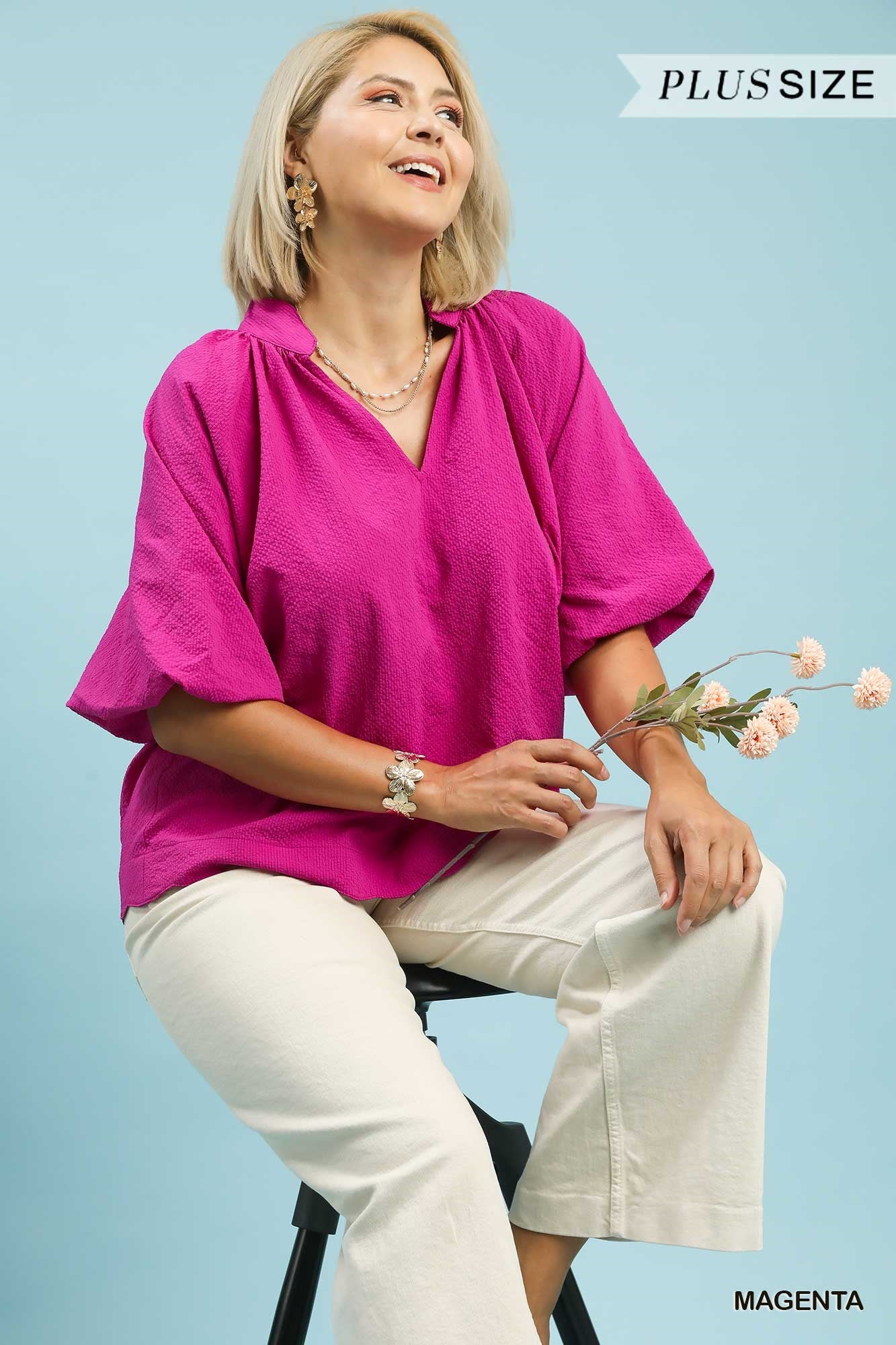 BUBBLED SLEEVE MAGENTA TOP
