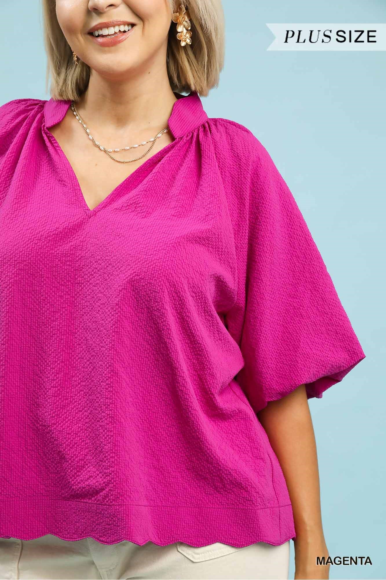 BUBBLED SLEEVE MAGENTA TOP
